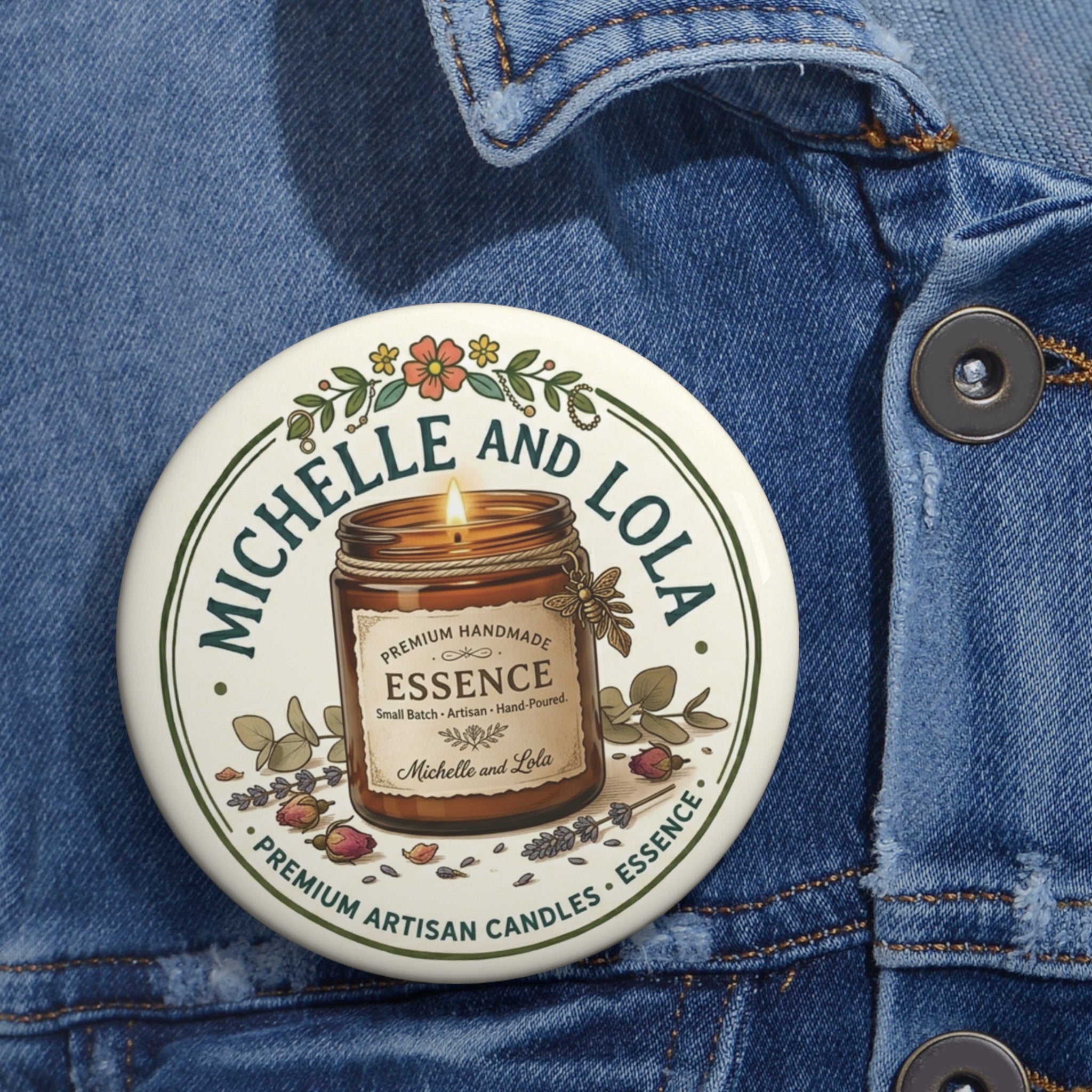 Candle Label Pin Button — 'Michelle and Lola' Vintage Apothecary Badge