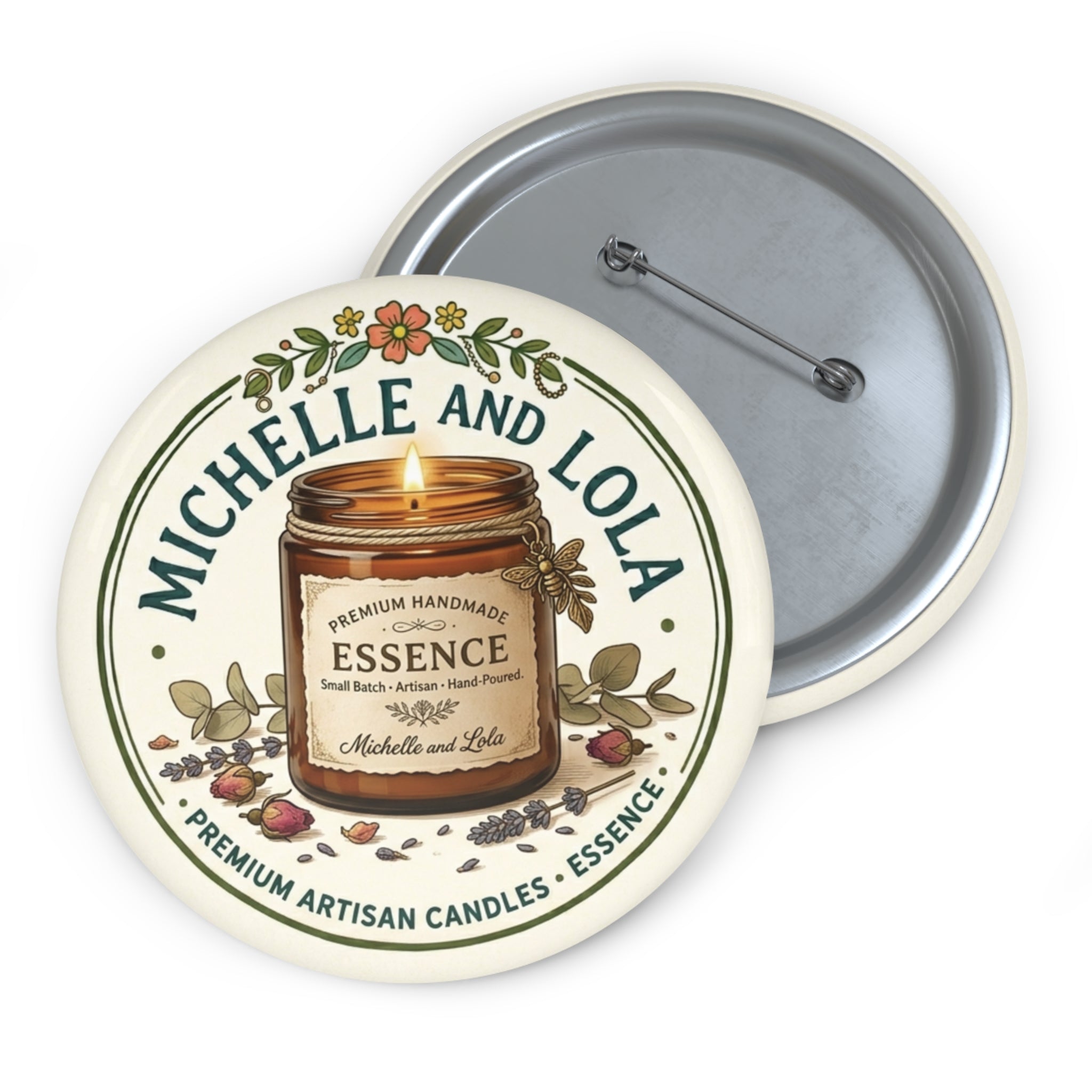 Candle Label Pin Button — 'Michelle and Lola' Vintage Apothecary Badge